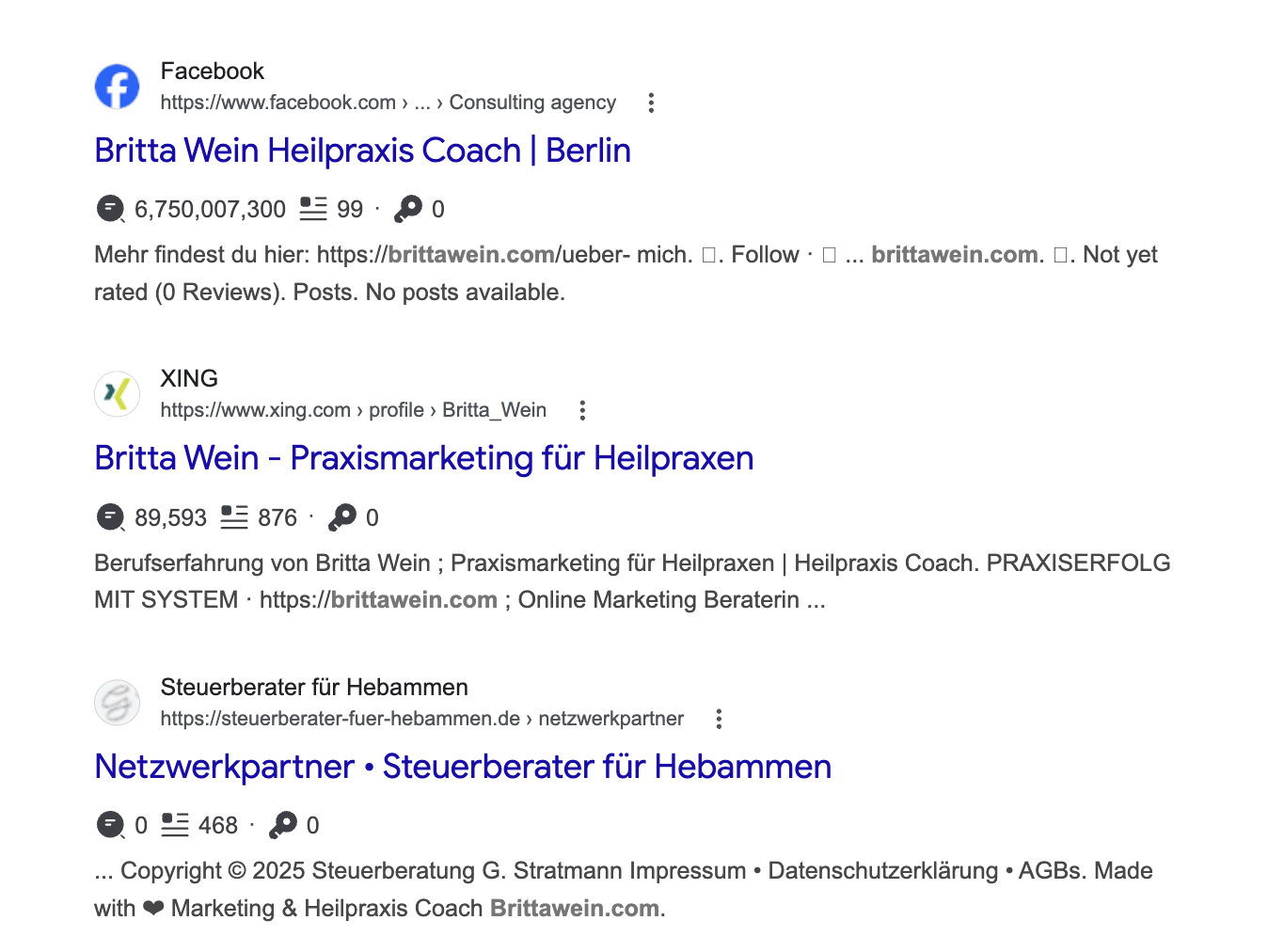 Google Suche nach Britta Wein mit Befehl “ • "deinedomain.de" -site:deinedomain.de“