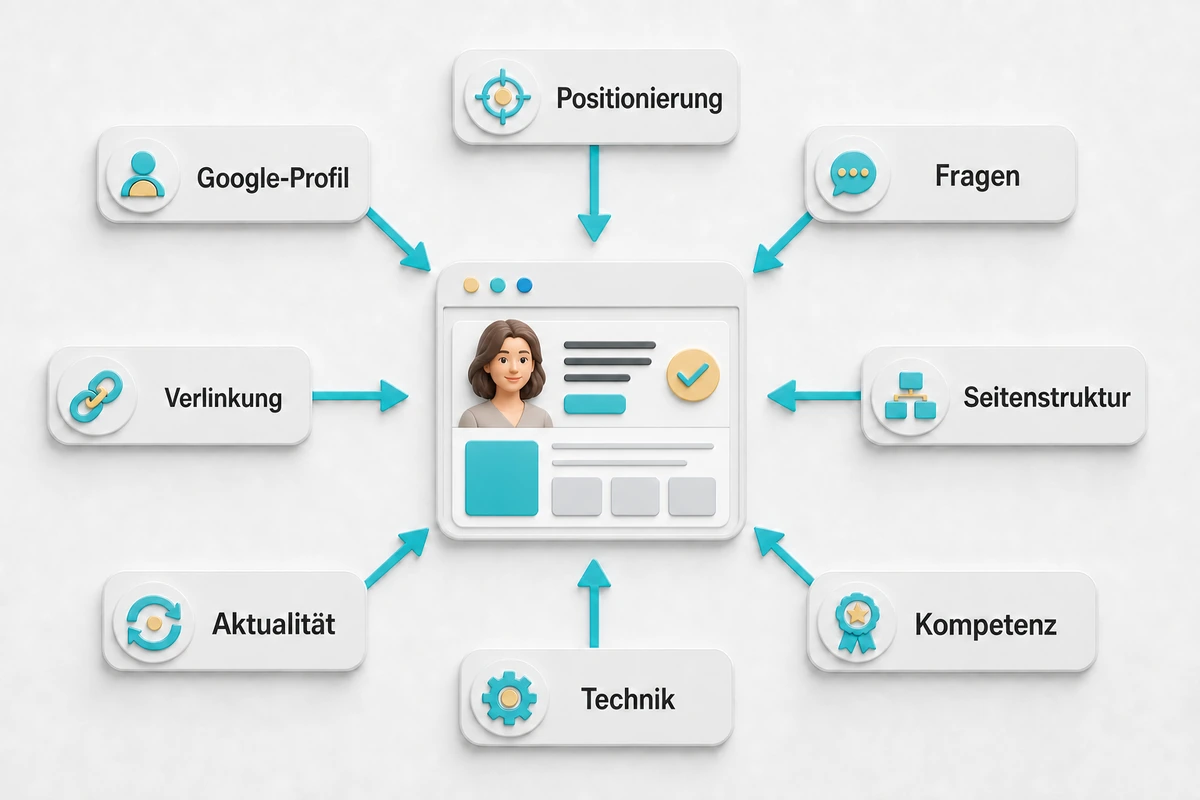 8‑Faktoren-Sichtbarkeitsmodell: diese Faktoren entscheiden darüber, ob KI deine Praxis kennt.